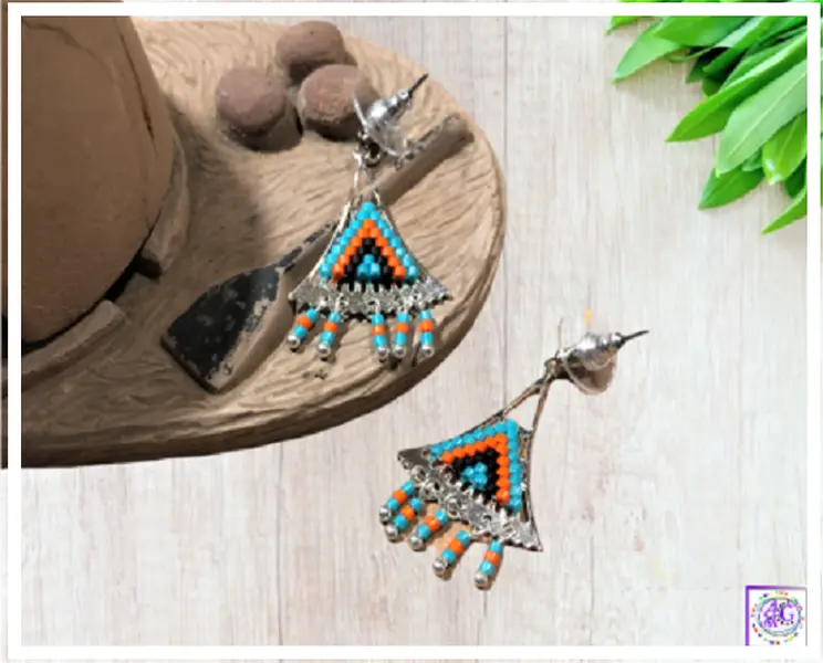 Orange Silver Beaded Triangle Earrings - Geometric Dangle Earrings - Boho Chic Handmade Jewelry