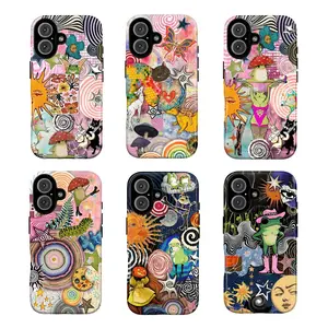 Whimsical Psychedelic Collage Smartphone Cover - Shockproof Protection for iPhones 7-16 & Galaxy S21-S24, Featuring Trippy Sun, Mushrooms, Dancing Animals, Frogs, Funky Retro Vibes - Mobile Device Accessories