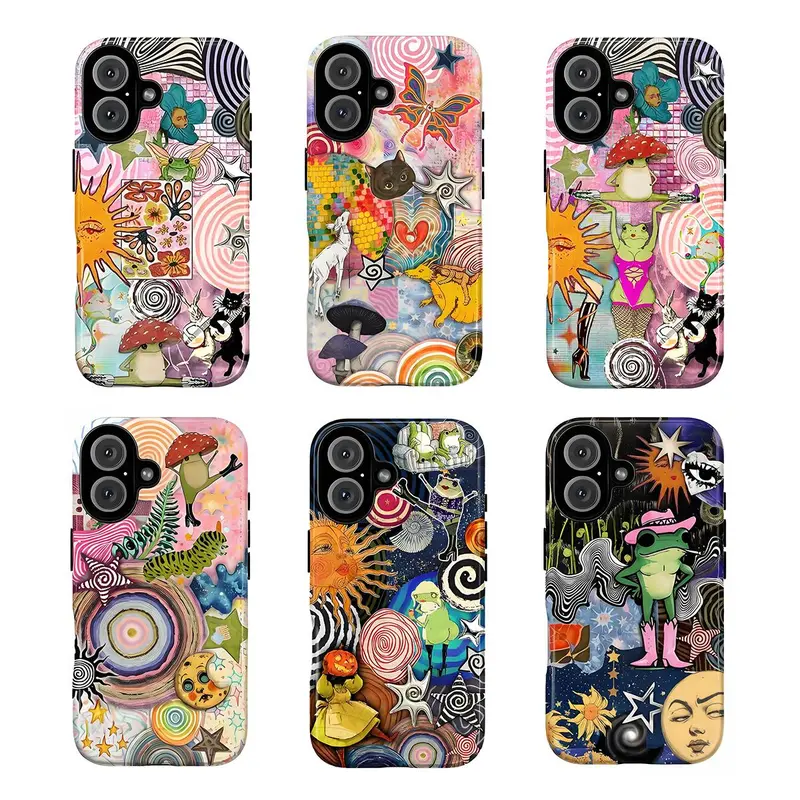 VYD Whimsical Vibrant Mushroom Collage Phone Case - TPU+Cotton Waterproof Shockproof Casing, Cute Trippy Vibe Dancing Animal Sun Frog Art, Fits iPhone 7-16/Galaxy S21-S24/Handheld Devices, Fall Gift Accessory