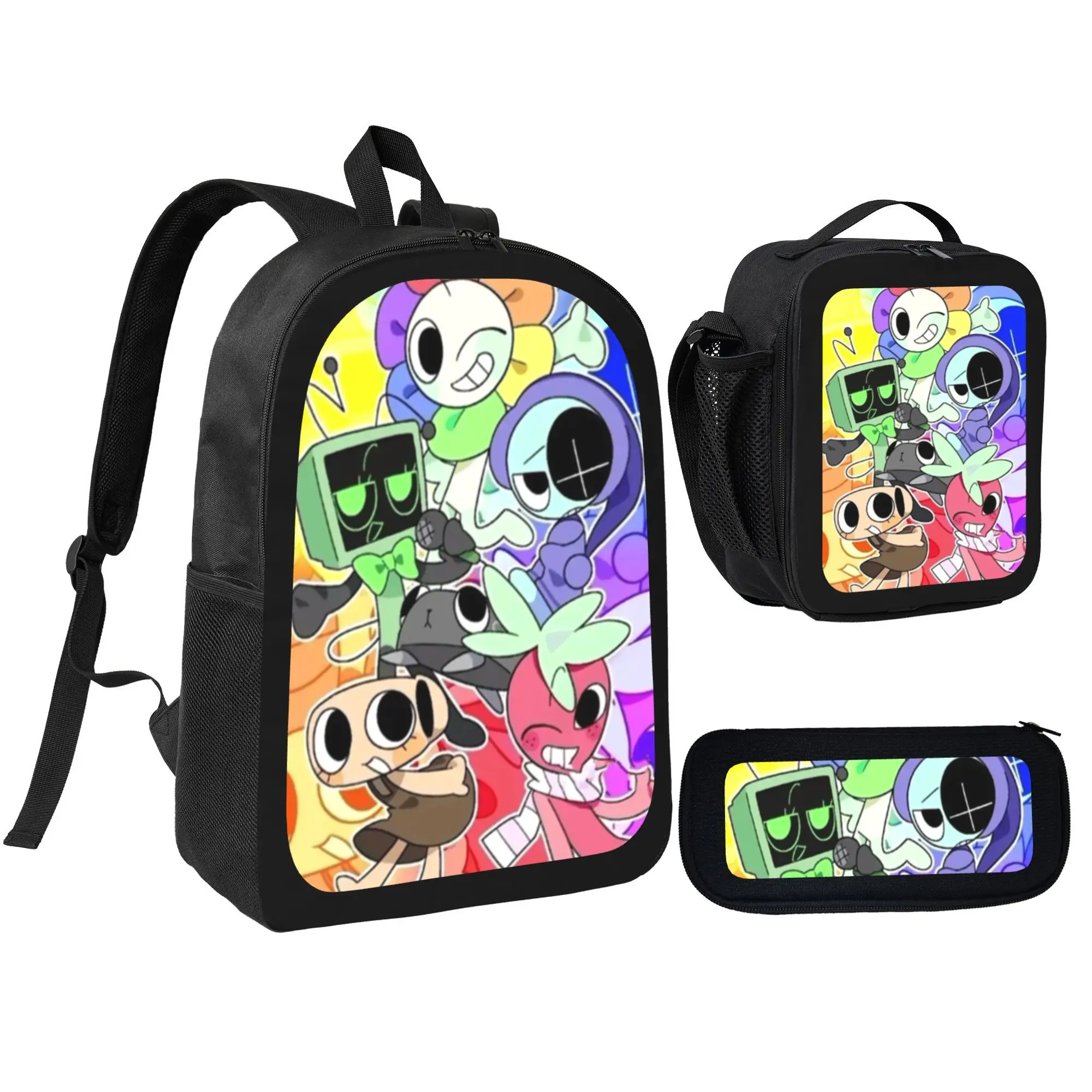 Dandy's World Cartoon Characters Unisex 3-Piece Backpack Set - School Supplies for Back to School, Polyester Casual Lightweight Daily Use, Zipper Pencil Case, Insulated Lunch Bag