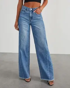 Women's Wide Leg Jeans High Waisted Strechy Raw Hem Zimbaplatinum Denim Pants