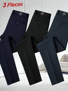 Three-Pack Men's High-Stretch Polyester Business Dress Pants, Slim Straight Fit, Wrinkle-Resistant Non-Iron & Breathable, Multiple Colors Available, Perfect for Office, Daily Commute & Casual Occasions, Versatile Fashion Trousers for Men