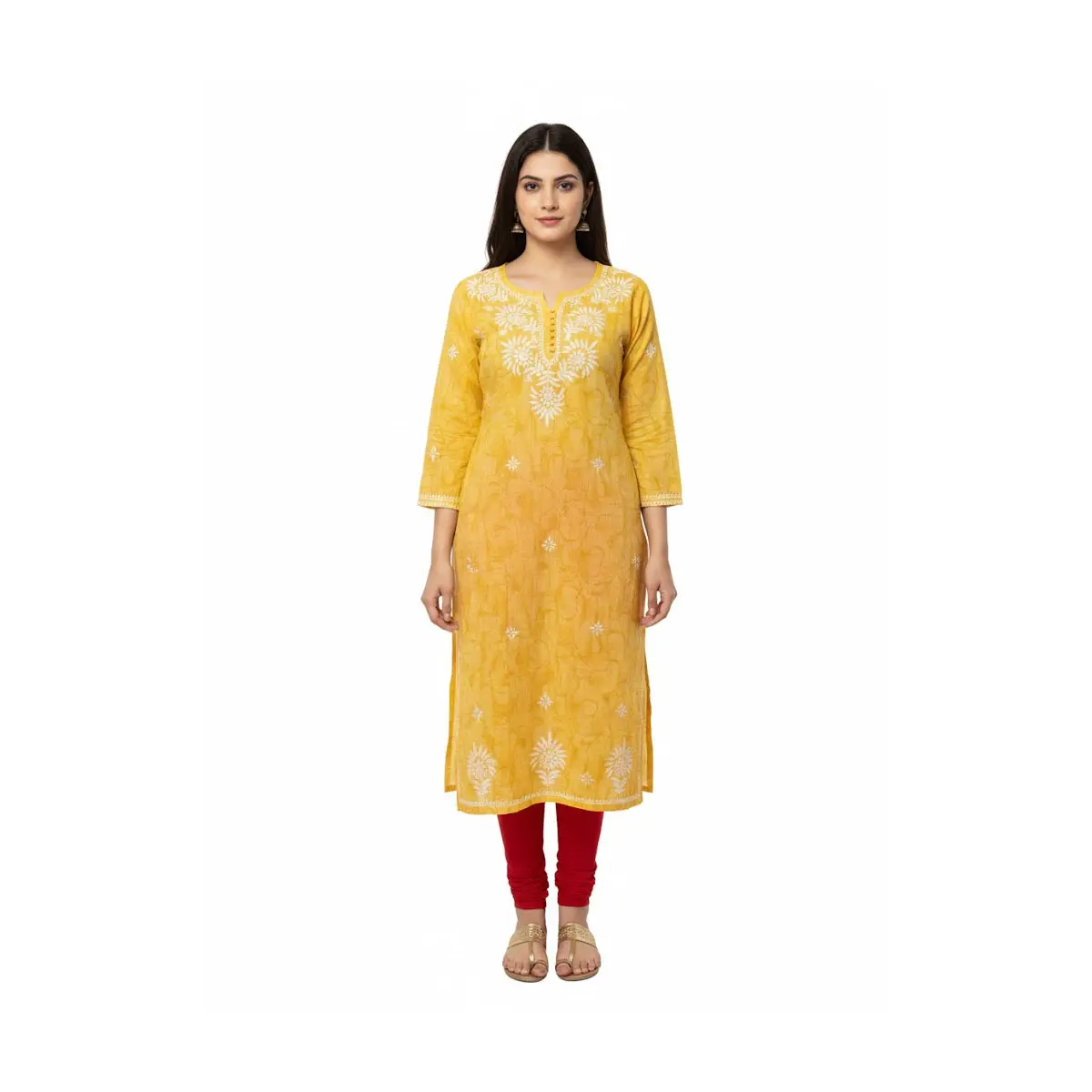 #Top-93 Elegant Yellow Embroidered Cotton Kurta Top