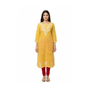 #Top-93 Elegant Yellow Embroidered Cotton Kurta Top