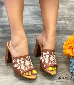 Xabelita Heels Dark Tan Sandals for Women - Comfortable Summer Footwear with Tropical Floral Design
