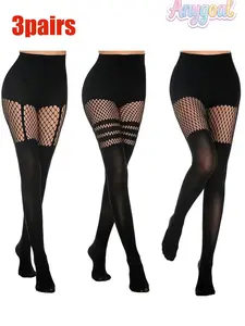 Anygoal Women's Goth Striped Faux Suspender Fishnet Tights,Sexy Tight-Fitting Strap Design  Mock Over The Knee Mesh Pantyhose, Form-Fitting High Elasticity Opaque Stitched Stockings For Daily Wear, Spring Fall And Goth Outfits 6571-H-XS