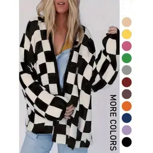 Women's New Arrivals for Fall/Winter Plus Size Plaid Print Drop Shoulder Cardigan, Casual Long Sleeve Open Front Knitwear for Fall & Winter, Women's Plus Clothing for Daily Wear