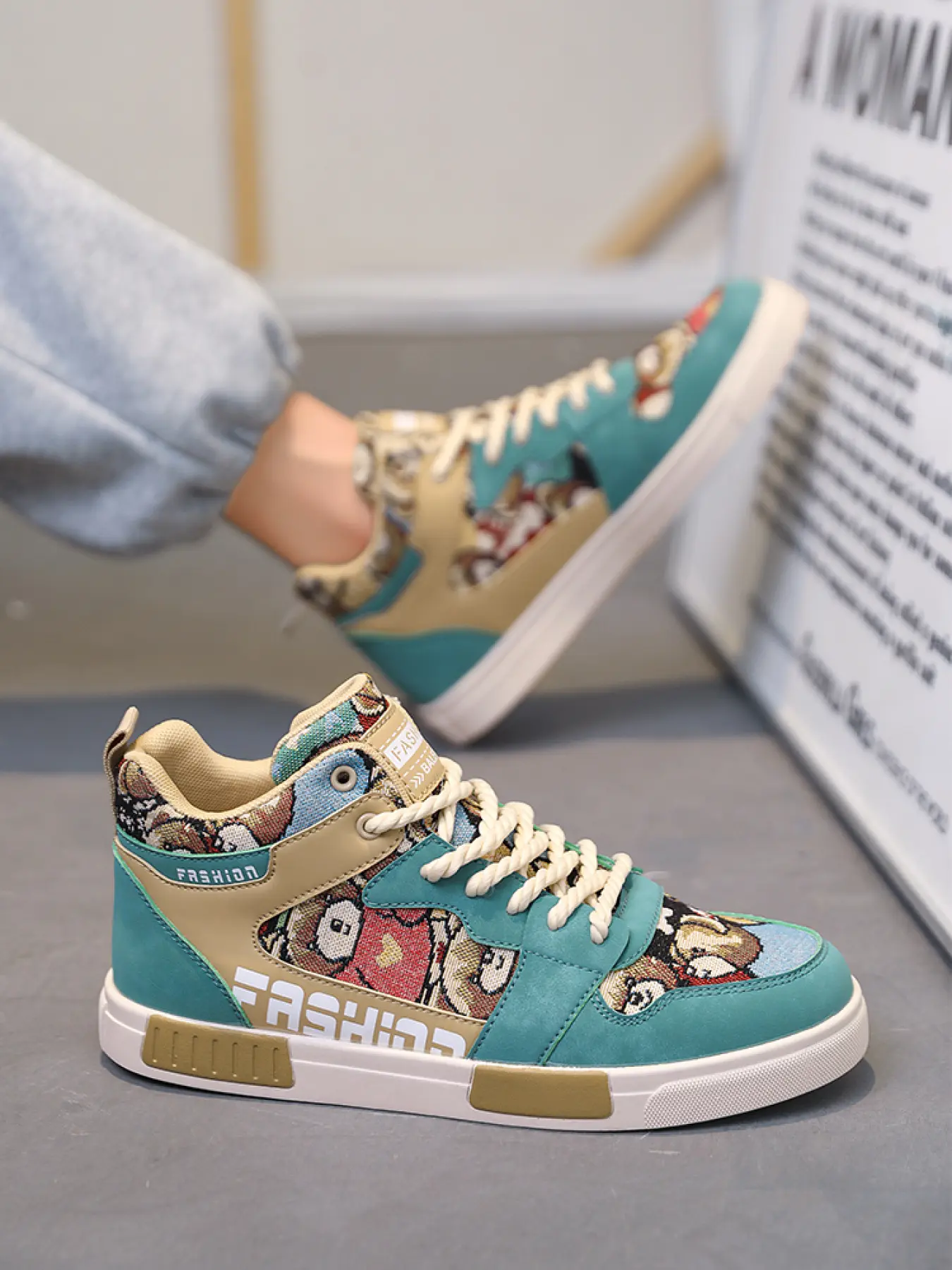 Men's High-Top Sneakers with Cartoon Print, PU Leather, Anti-Slip, Shock-Absorbing, Casual Style, All Seasons, Above Ankle Height, Casual Shoes