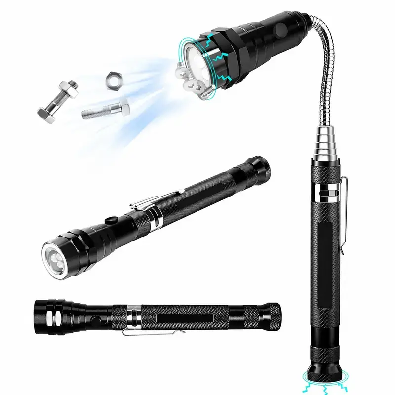 4-in-1 Telescoping Magnetic Pickup Tool with 3 LED Lights, Flexible Neck & Magnetic Base, Extendable Grabber for Auto Repair & Garage