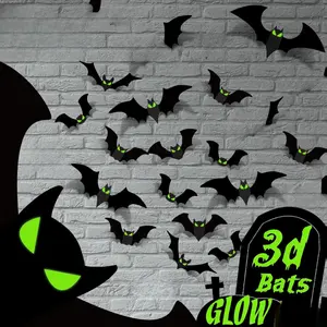 Halloween Decorations - 56 Pcs Spooky 3D Bats With Glow Eyes for Indoor Outdoor Party Decor - Plastic Scary Gothic Stickers for Bathroom Kitchen Home Room Wall