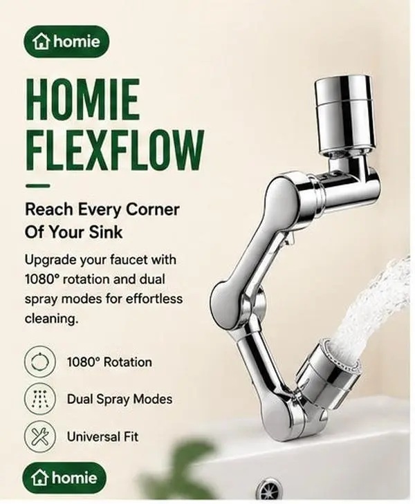 Homie FlexFlow Kitchen Faucet Attachment Sprayer, 1080° Full Rotation Sink Extension, Dual Spray Modes, Installation Adapter for Dishwashing, Fruit & Vegetable Cleaning