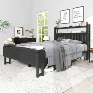 Starry Sky Lamp Design Bed Frame With Cushioned Ottoman, Charging Station, Heavy Duty Feet, Easy To Assemble Brown Faux Leather Cloud Sectional Sofa Contemporary Black Couch Set Stripe Luxury Recliner