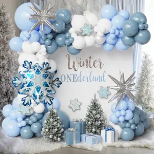 Winter Wonderland Balloon Arch Kit Dusty Blue White Snowflake Star Decor for Frozen Baby Shower Party