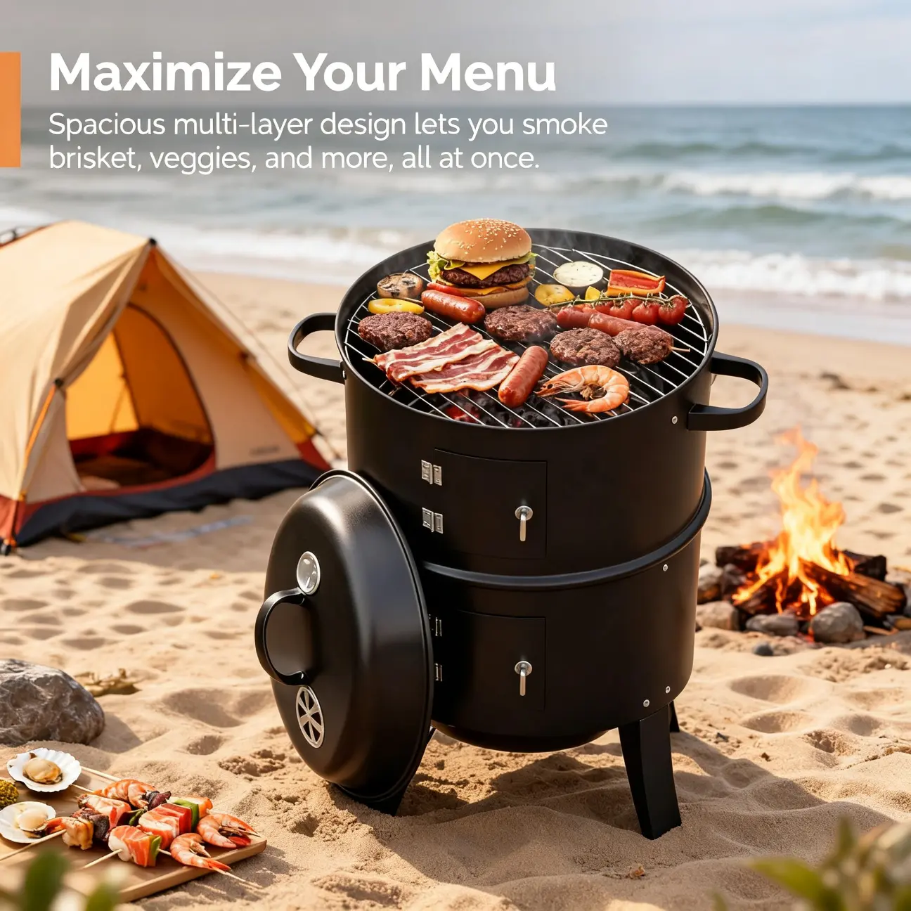 18-Inch Iron 3-in-1 Vertical Charcoal Smoker Grill, Portable Outdoor Grill with Thermometer, 2 Access Doors for Backyard Barbecues, Camping Parties