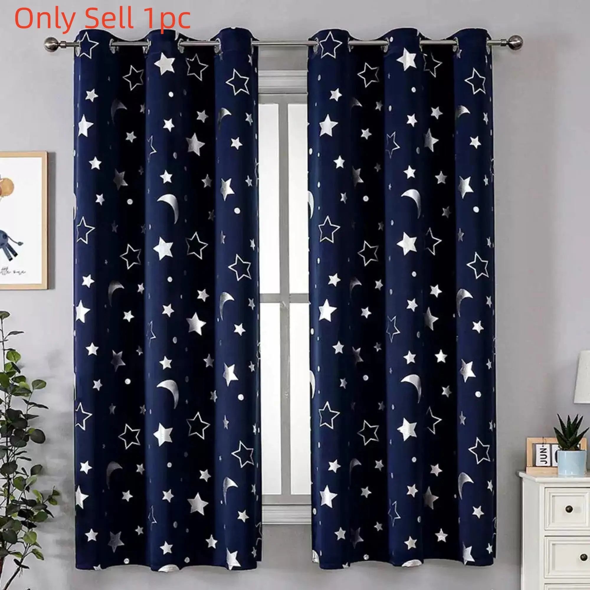 1pc Star & Moon Pattern Blackout Curtain, Heat Insulation UV Protection, Thermal Insulated Curtain, Ring Top Grommet Curtains Home Decor Drapes, Living Room Bedroom Universal Fit, Home Decorative Curtain