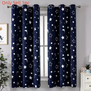1pc Star & Moon Pattern Blackout Curtain, Heat Insulation UV Protection, Thermal Insulated Curtain, Ring Top Grommet Curtains Home Decor Drapes, Living Room Bedroom Universal Fit, Home Decoration Curtain