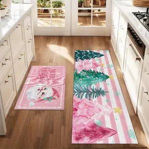 2Pcs Christmas And New Year Printed Kitchen Rug Pink Santa Claus And Christmas Tree Mat Set Farmhouse Kitchen Carpet Restaurant Floor Laundry Room Decoration Carpet Mat Home Decor Rugs