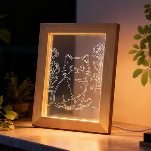 Cat Night Light - LED Photo Frame with Soft Glow, Wooden & Acrylic Cute Kitty Decor, USB Powered, 6.65in Warm Gift for Bedroom, Desk, Home Decor
