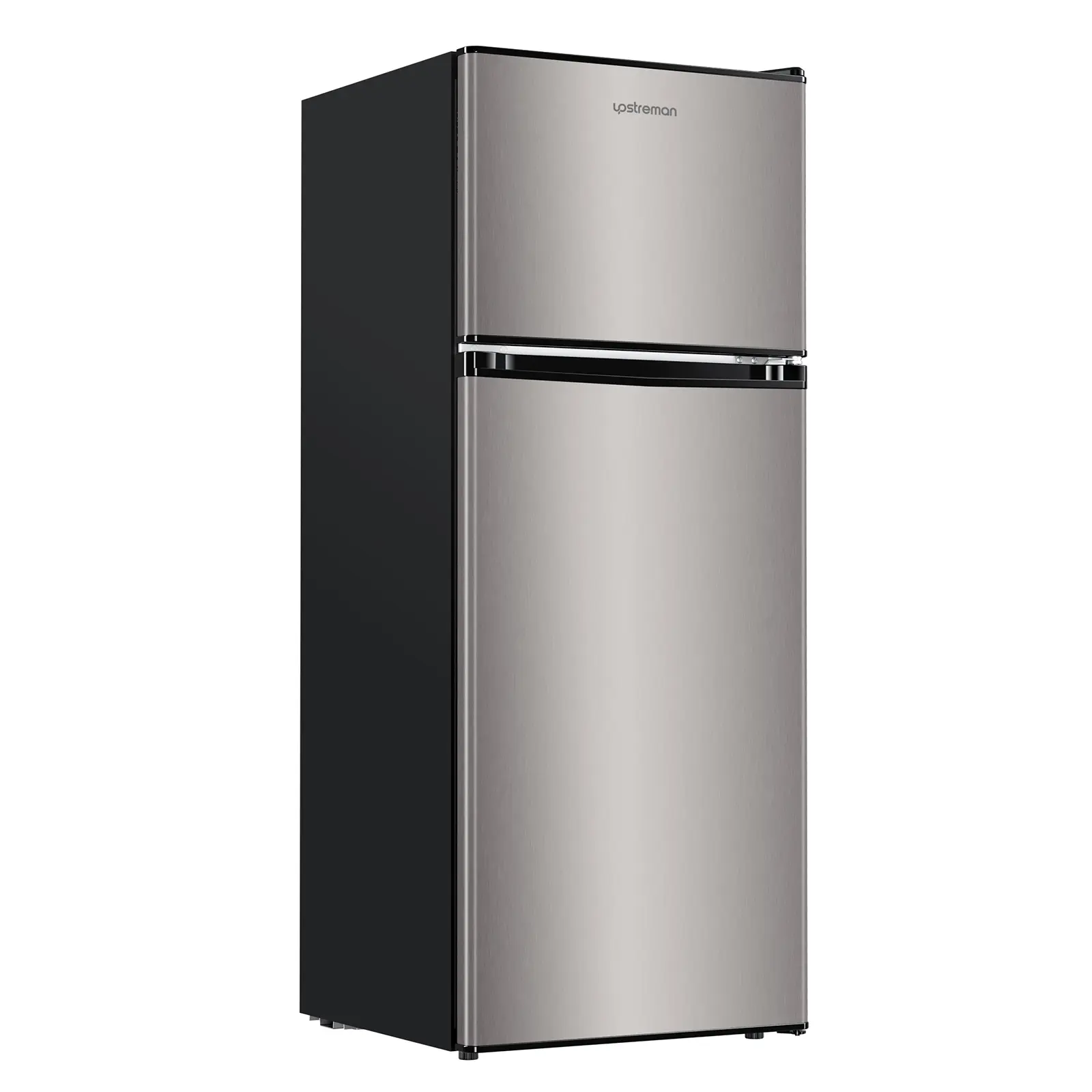 Upstreman 4.0 Cu.Ft Double Door Portable Refrigerator with Freezer, Stainless Steel, Large Capacity, Adjustable Thermostat, Energy Efficient, Quiet Operation, Mini Fridge, Double-Compartment Mini Fridges