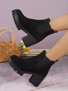 Women's Fashion Elastic Short Boots, Ankle Boot, Thick Sole Chelsea Booties, Round Toe Cut Out Design, Adjustable Strap, All Season Wear