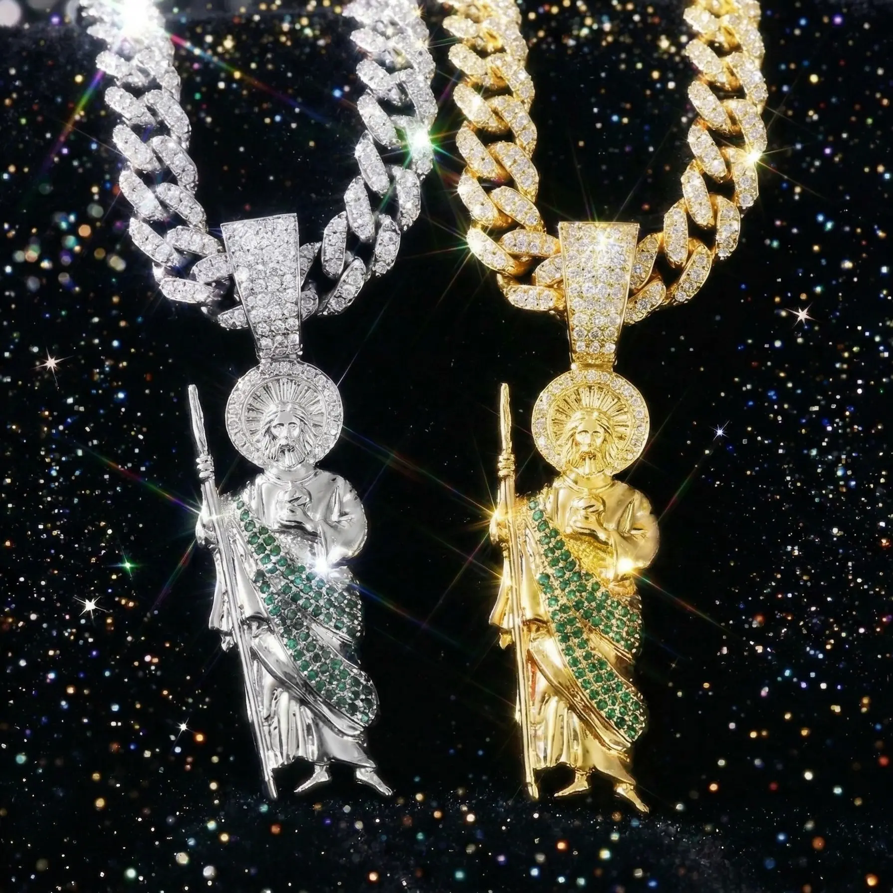 HOLDNEAR Men's San Judas Tadeo St. Jude Pendant Necklace - Iced Out Green Rhinestone Patron Saint Medallion, Chunky Cuban Link Chain, Catholic Prayer Faith Jewelry, Religious Hope Gift for Husband, Boyfriend & Dad