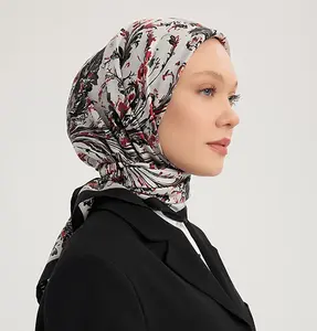 Serica Patterned Silk Square Feather Garden Hijab - Black
