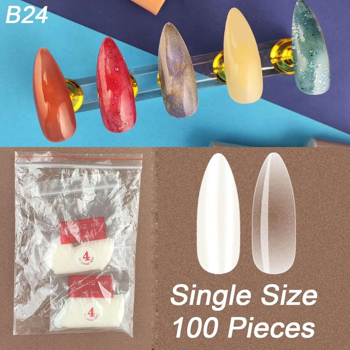 B24 100pcs Single Size Long Almond False Nail Tips Refill Pack Size 0 1 2 3 4 5 6 7 8 9 Full Cover Fake Nail Art Design