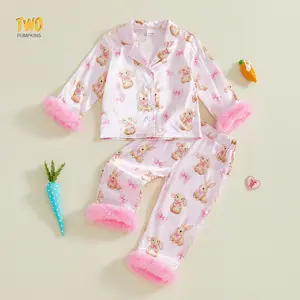 Toddler Girls Easter Satin Pajama Sets Long Sleeve Lapel Button Up Bow Rabbit Print Shirt Pants Sleepwear