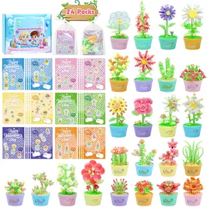 24 Packs Mini Flower Plant Building Blocks with Cards for Kids， Classroom school boy girl, entertainment party gift, Birthday Gifts for Kids, Classroom Prizes