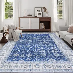 GARVEE Vintage Floral Medallion Area Rug 5x7 - Machine Washable, Waterproof, Super Soft Faux Wool Carpet, Non-Slip Low Pile, Pet Friendly, Home Décor for Bedroom and Living Room in Blue