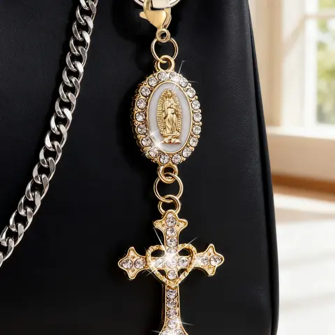 Christian Amulet Keychain With Love And Rhinestone Cross, Pendant Decorated With The Virgin Mary, Pearl And Diamond Amulet - Gothic Cross Keychain, Keychain For Bags, Bag Amulet, Cross Pendant, Decorative Wallet Backpack Accessories