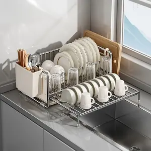 Adjustable Dish Drying Rack - Expandable Design with Utensil & Cup Holders | Space-Saving Metal/Plastic Construction