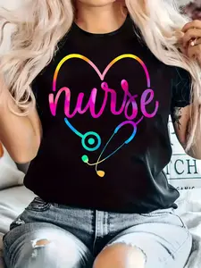 Plus Size, Print Plus Size Women's Casual T-Shirt, Round Neck, Short Sleeved, Slightly Elastic Fabric, Regular Style, Comfortable Top for All Seasons Women Clothes