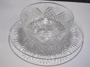 Cut Glass finger bowl + underplate strawberry diamond fan Antique crystal