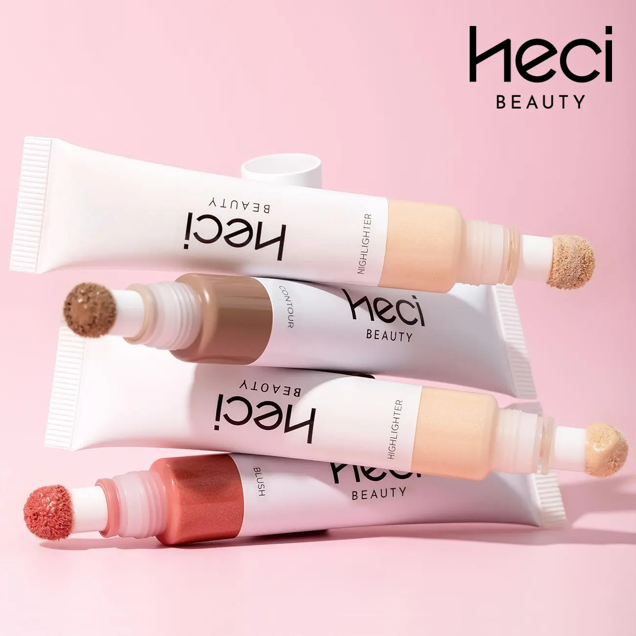 HECI BEAUTY 3-Count Vegan Cruelty-Free Hydrating Cream Cosmetics Set for Adults - Beauty Cosmetics Products, Juicy Makeup (3-Hour Wear), Face Tube with Watery Blush, Contour, Bronzer, Highlighter, Soft Puffy Sponge Brush for Shimmery Natural Glow