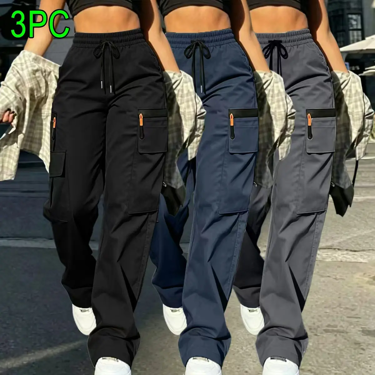 Women’s 1–3-pack cargo pants made from lightweight, soft summer fabric—casual long pants with a drawstring and decorative zipper design (no back pockets), multiple pockets, adjustable waistband (also available in plus-size women’s long pants).