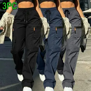 Women’s summer lightweight, soft fabric cargo pants three-piece set — casual outdoor long pants featuring drawstring and zipper decorative details, multiple pockets, adjustable waist (also available in plus-size women’s long pants).