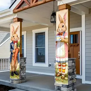 Easter Bunny Door Decorations Set, Retro Easter Rabbit Banner with Carrot Eggs Design, Spring Porch Hanging Decoration for Indoor Outdoor, Party Decorations Banners