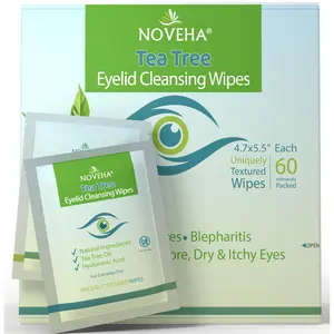 NOVEHA Tea Tree Oil Eyelid & Lash Wipes with Hyaluronic Acid, Green Tea & Chamomile - Gentle for Blepharitis & Stye Relief, 60 Wipes skin