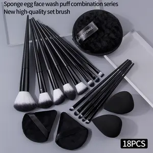 18PCS Professional makeup brush and powder puff set combination: Soft facial makeup set brush + dry and wet dual-purpose non-powder-sticking makeup sponge egg triangular powder puff + lazy round cleansing powder puff Makeup Tool Set