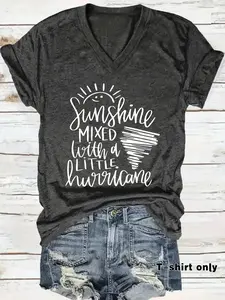 Women's Sun & Hurricane Printed T-Shirt, Sunshine, Soft Elastic Fit V-Neck Short Sleeve Top, Casual Summer Spring Tee, Vacation Wear, Comfortable Shirt, Womenswear, Lady