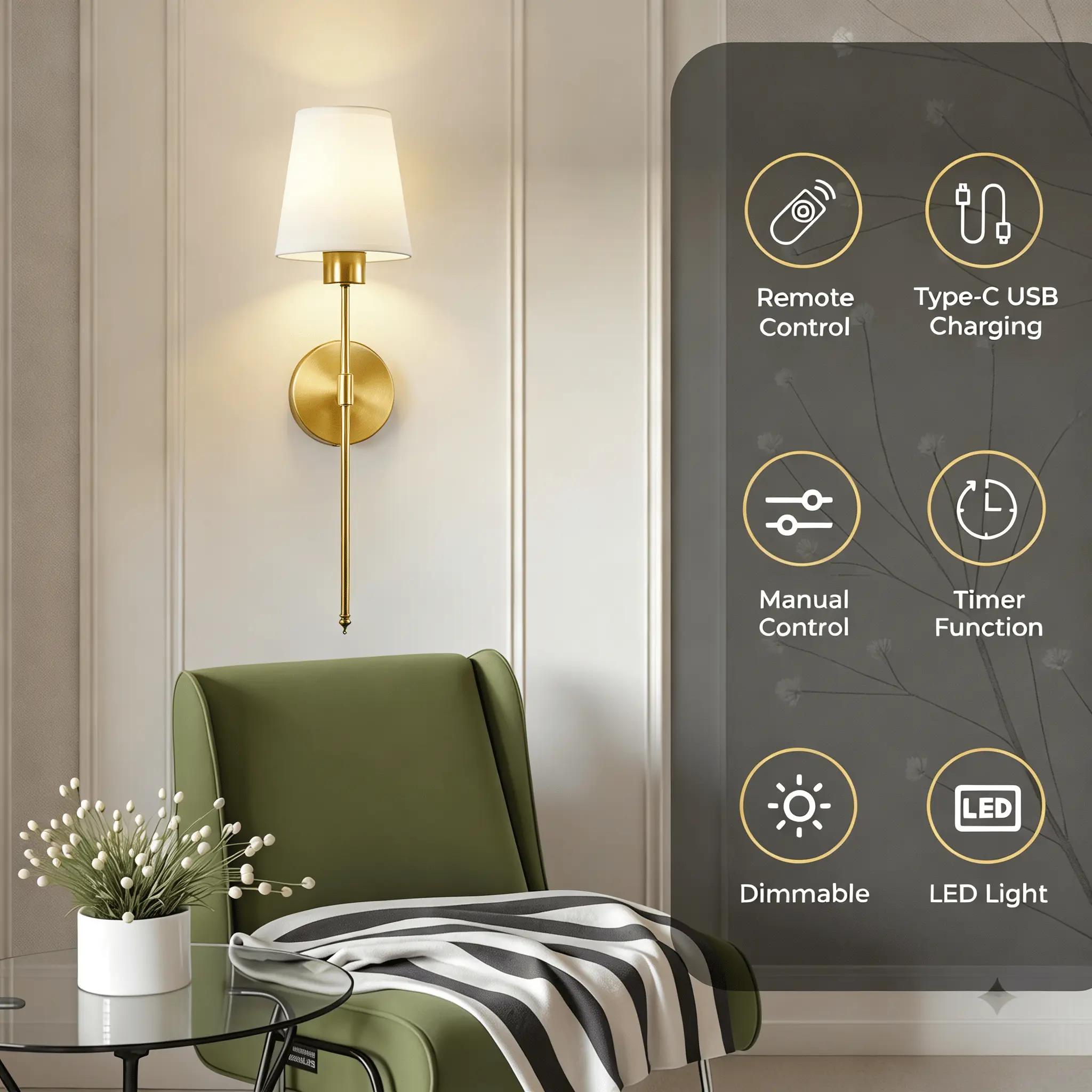 2-Pack Decorative Wireless LED Wall Sconces - 2-Pieces Battery-Powered Dimmable Indoor Use Lamps with Remote Control, Adjustable Brightness for Bedroom, Living Room (Gold/Black) | Home Decor Lights