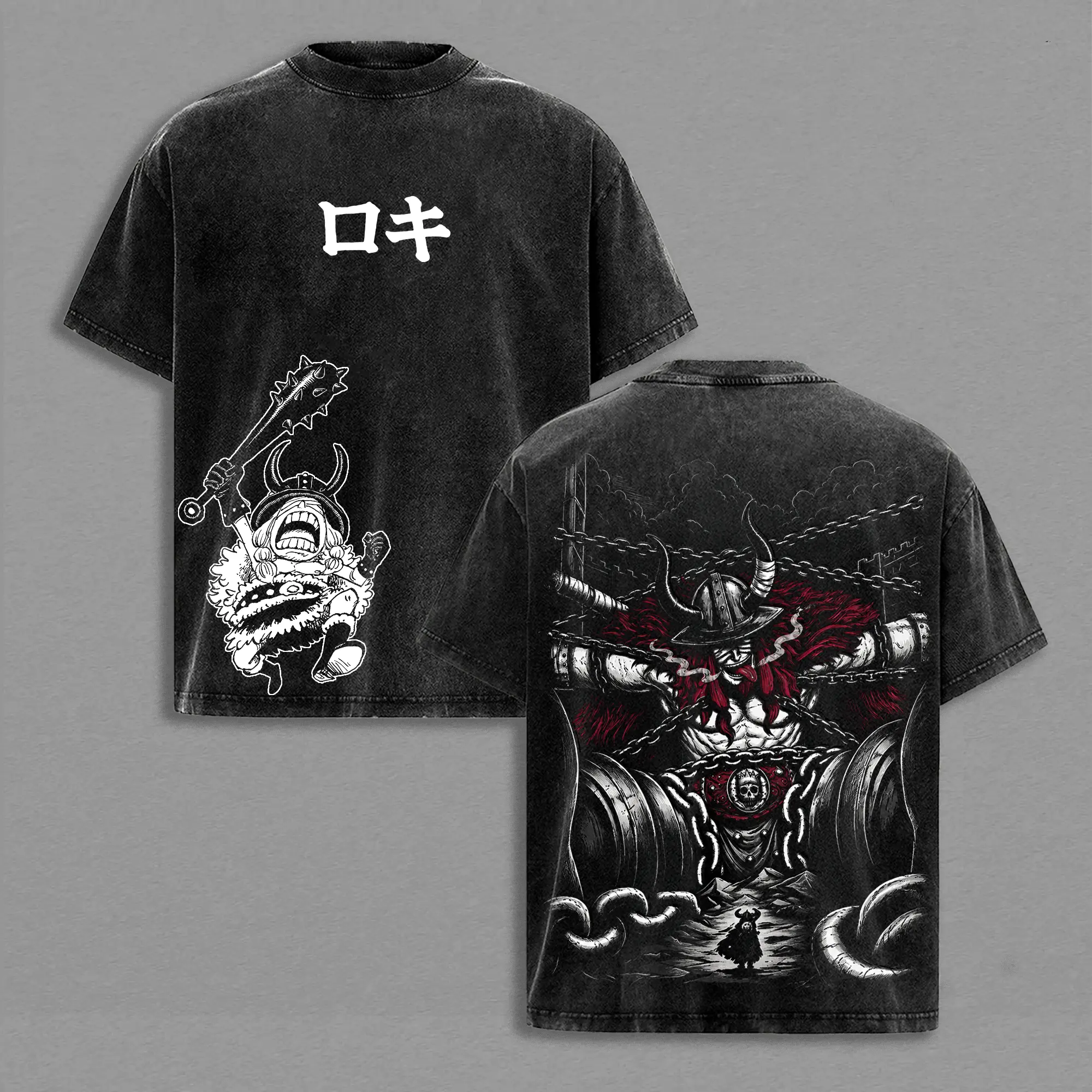 Loki Washed Tee – OP Anime Elbaf Giant Prince Manga Graphic Double Printed T-Shirt, Menswear Heavy Cotton Unisex Oversize Streetwear Vintage Anime Tee