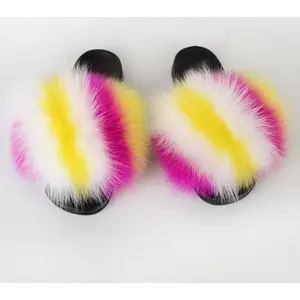 Pink Yellow and White Diagonal Striped Fur Fluffy Flip Flops™️