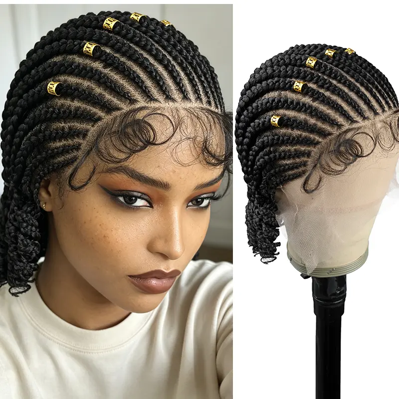 8 Inch Short Bob Boho Knotless Box Braided Wig Full Lace Lace Front Cornrows Braids Wig With Fluffy Curly Ends Natural Baby Hair Handmade Synthetic Braiding Hair Trendy Protective Style Wig For Black Women #BobBraids #BohoBoxBraids