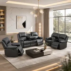 Luxury Manual Recliner Sofa Set with Hidden Storage & Cup Holders, Comfortable Living Room Reclining Couch Set for Home Theater & Office