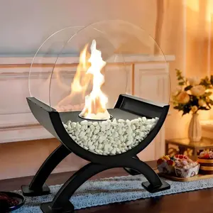 Round Glass Large Tabletop Fireplace 12.5" H Portable Fire Bowl Pot Clean Burning Fireplace For Indoor Outdoor Patio Parties Events(Black)