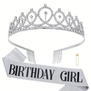 2Pcs Birthday Girl Tiara & Sash Set ✨ 3 Colors Bling Rhinestone Crown + Glitter Sash for Bachelorette/Festive Party! Birthday Celebration Perfect Birthday Queen Accessory 🎉