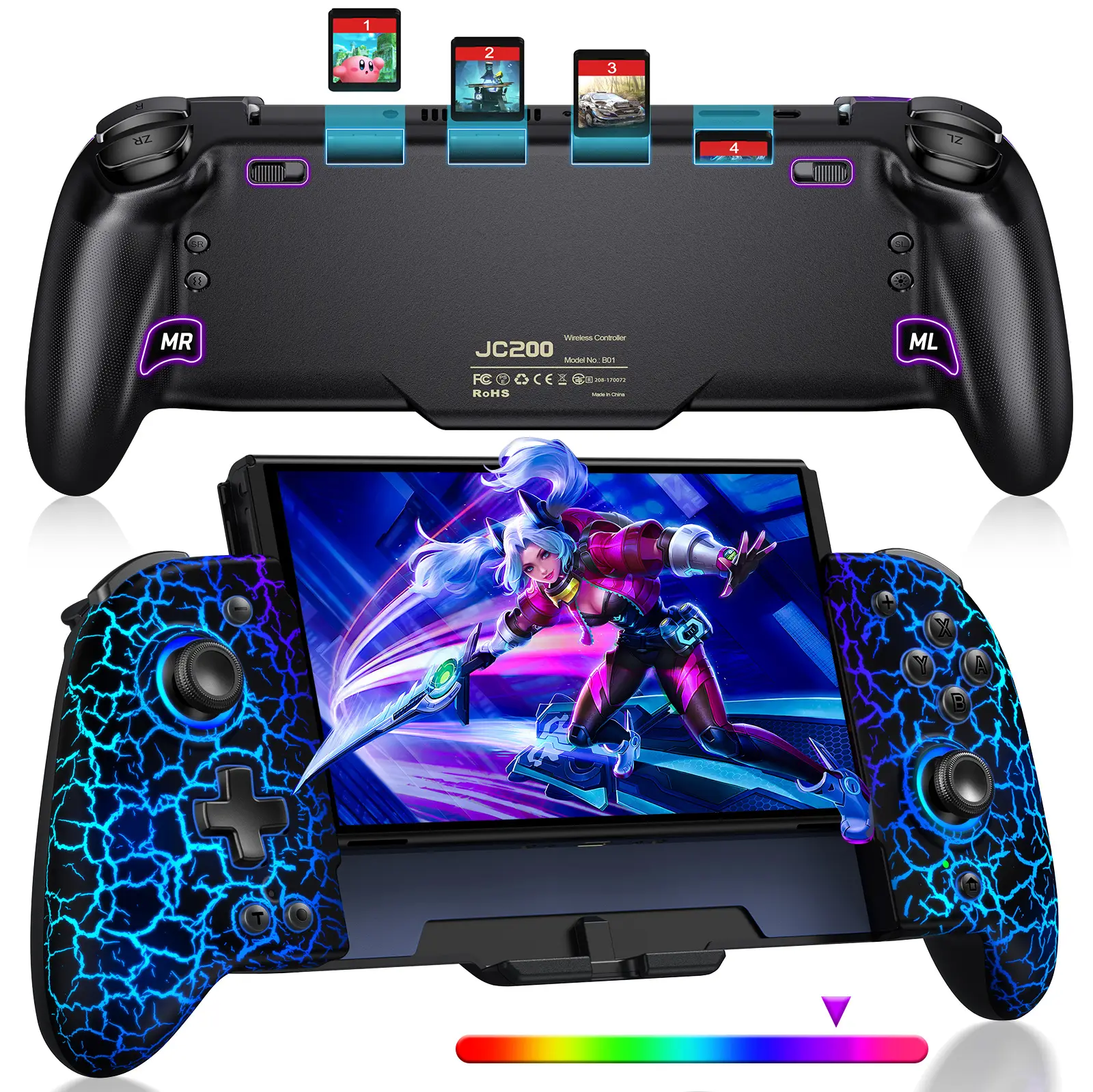 Switch Controller, BEBONCOOL Switch Controller for Switch/Switch OLED with Handheld Grip RGB Double Motor Vibration Built-in 6-Axis Gyro Joystick