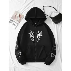 Women's comfortable wool lined hooded sweatshirt with spider web and heart-shaped print - grey zipper sports jacket, long sleeves, front pocket, casual winter outfit